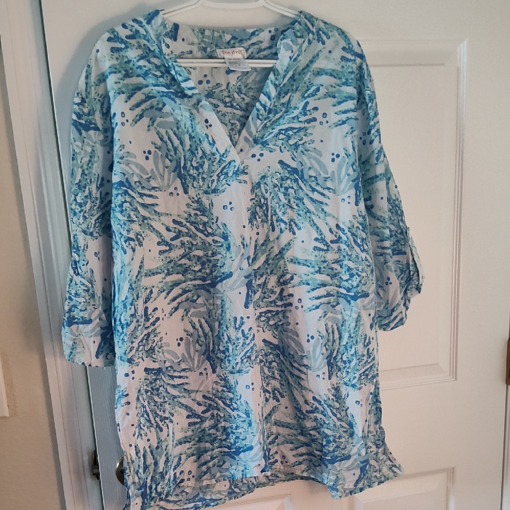 Top It Off Blue and White Tunic L